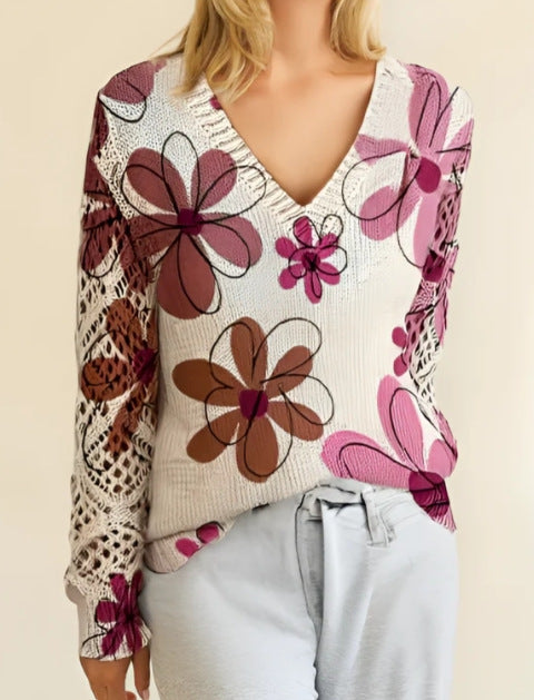 Printed sweater elegant bohemian floral V-neck long sleeved top