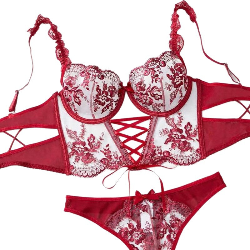 Sexy Mesh Embroidered Floral Cross-Tie Lingerie Set for Women
