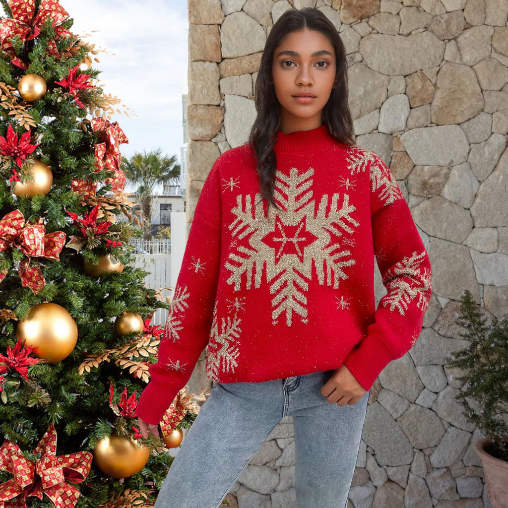 Red snowflake color blocked sweater loose Christmas round neck knit sweater