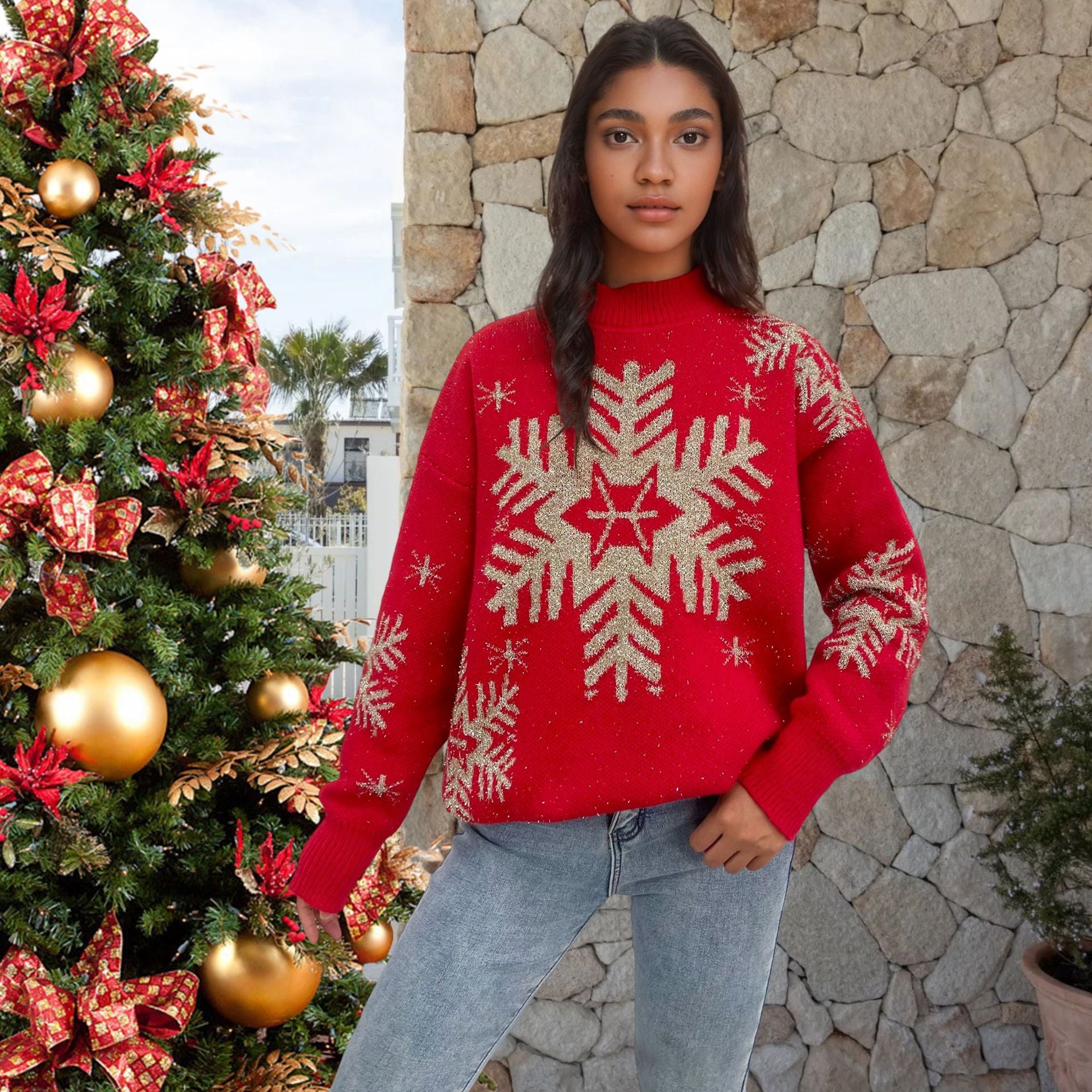 Red snowflake color blocked sweater loose Christmas round neck knit sweater