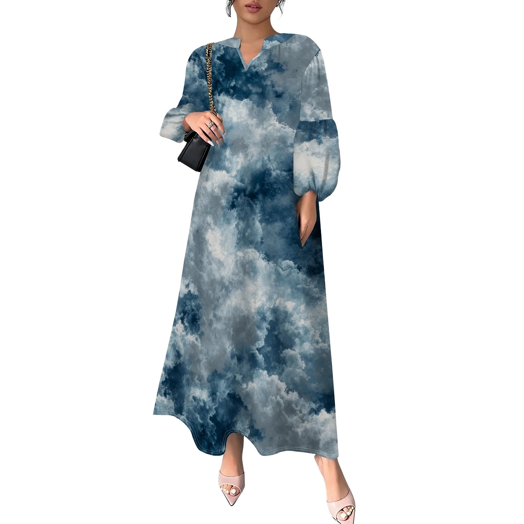 Women's Summer Boho Floral Long Sleeve V-Neck Midi Dress Casual Loose Colorful Beach Vacation Dress with Pockets