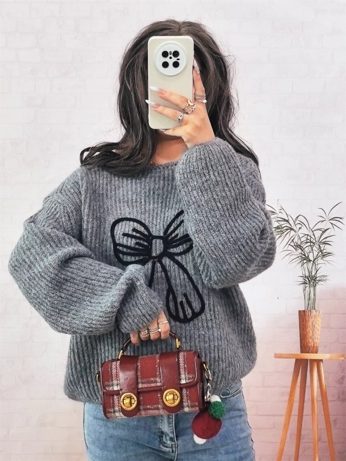 Bow Round Neck Long Sleeve Sweater