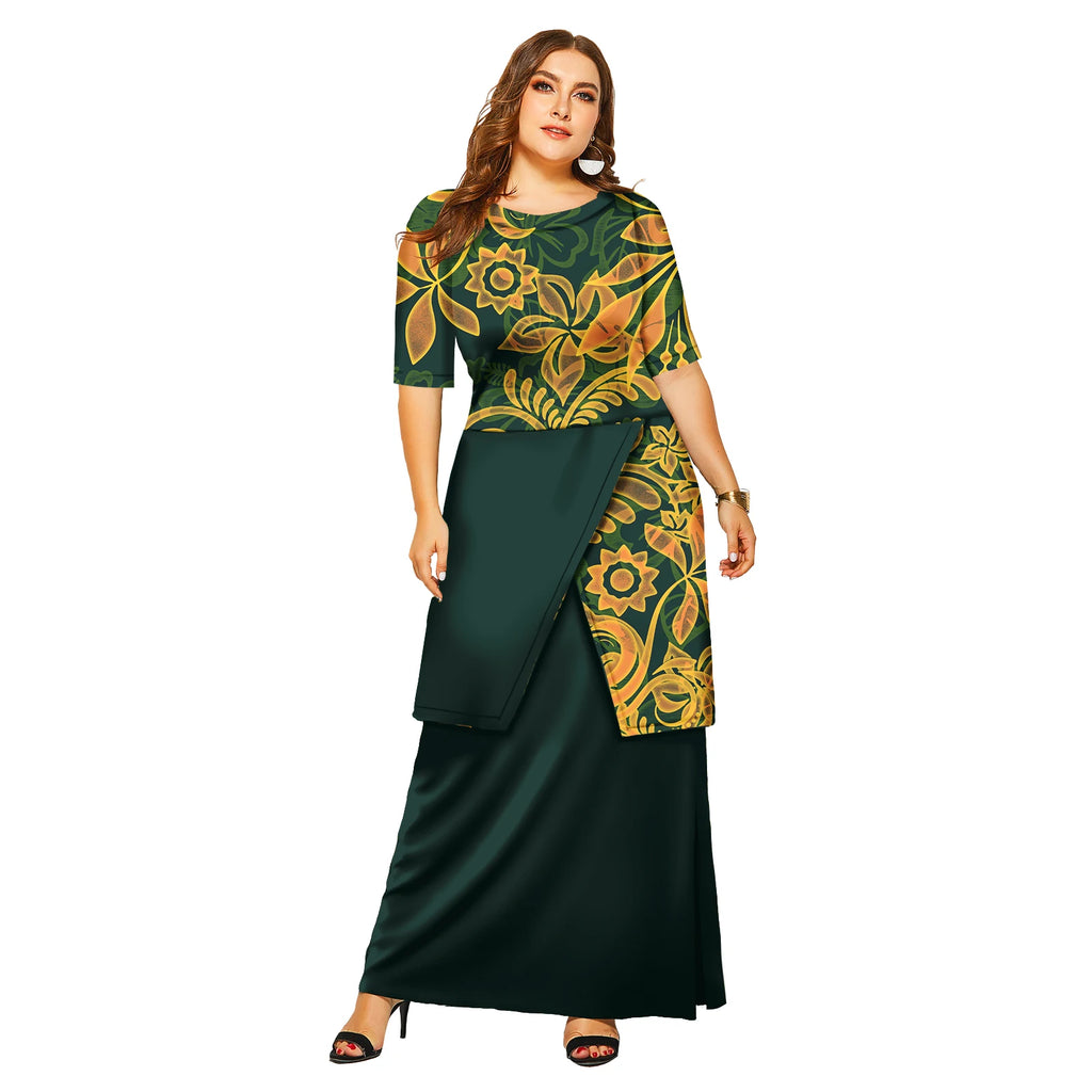 Vestido largo elegante con mangas florales para mujer, estilo hawaiano de las Islas del Pacífico, para playa, Puletasi 