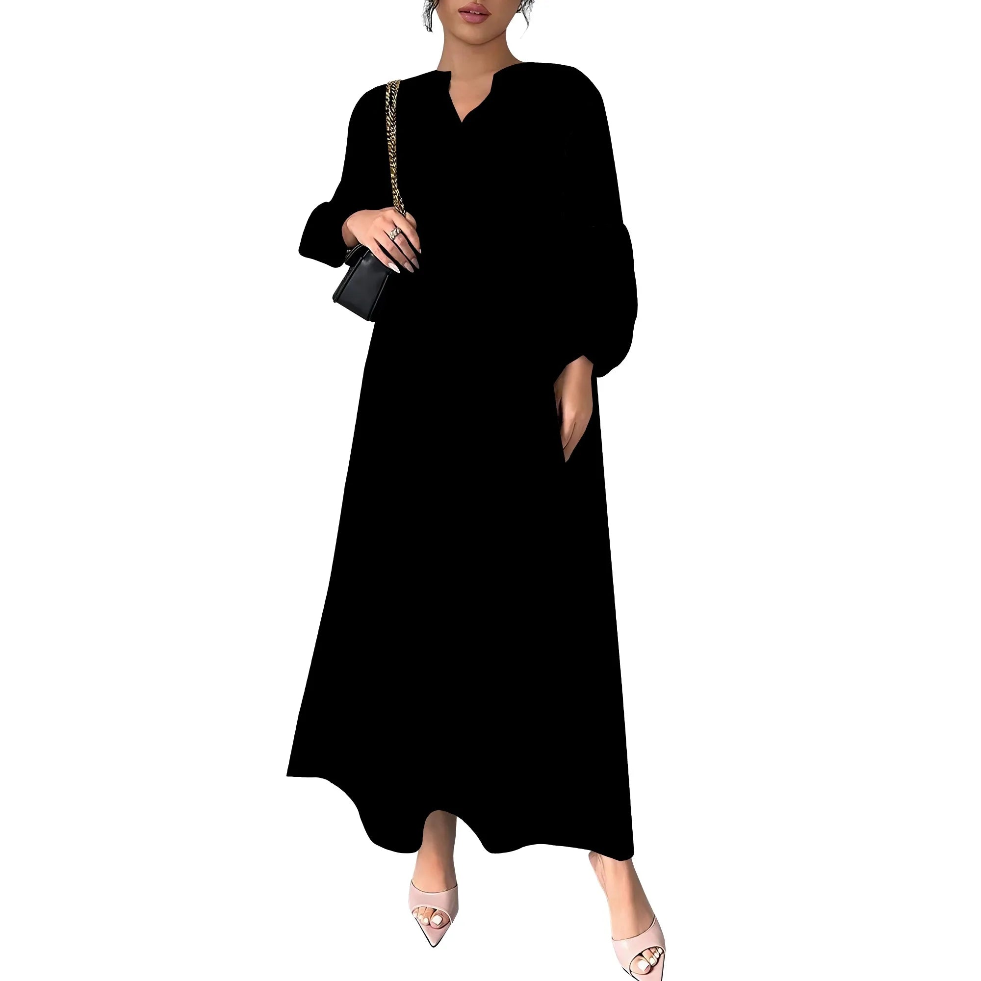 Women's Summer Boho Floral Long Sleeve V-Neck Midi Dress Casual Loose Colorful Beach Vacation Dress with Pockets