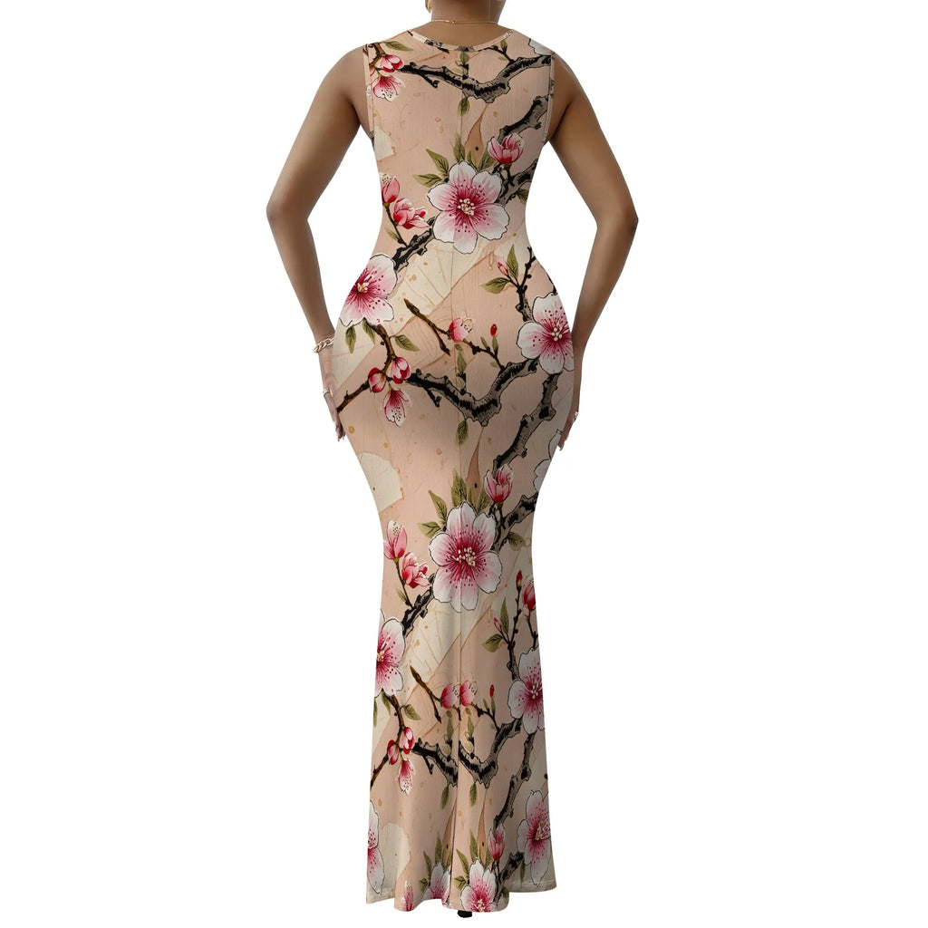 Vestido ajustado sin mangas con escote en V sexy para mujer, elegante e informal, con falda tubo, estampado floral, para cóctel y noche larga 