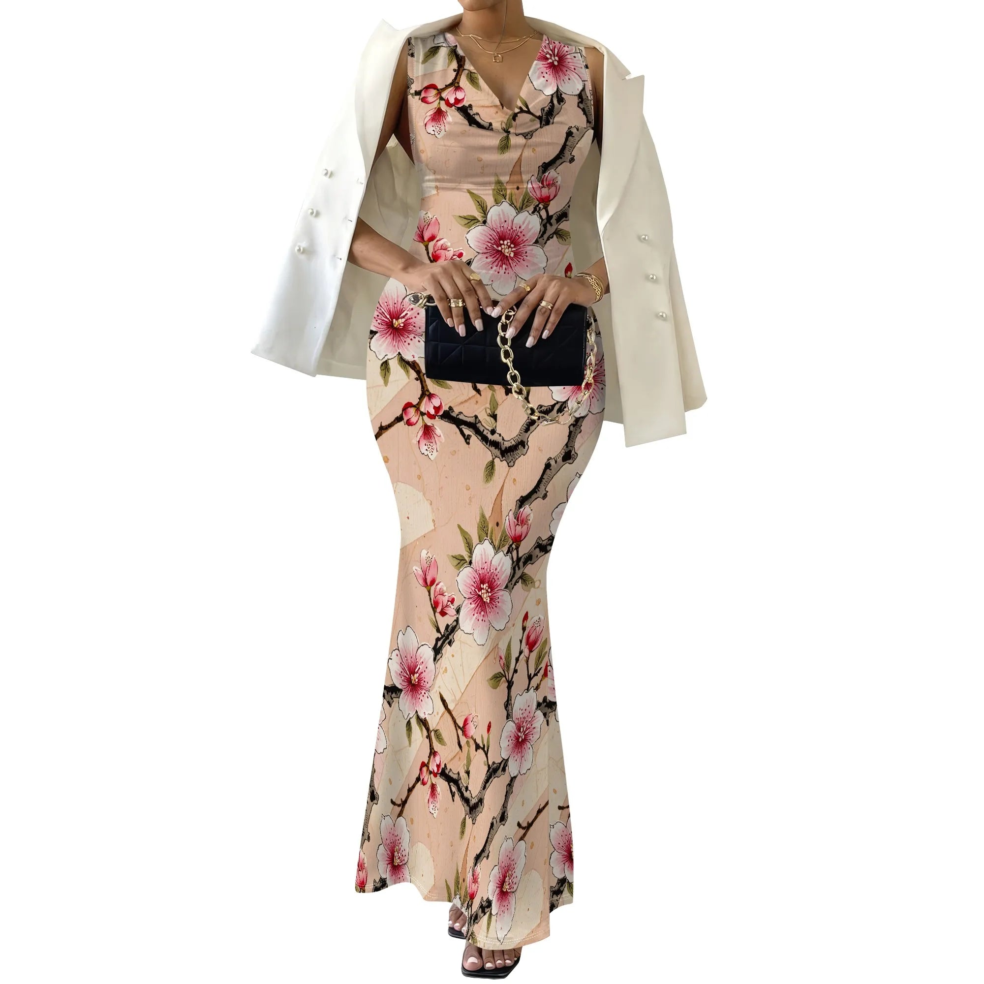 Vestido ajustado sin mangas con escote en V sexy para mujer, elegante e informal, con falda tubo, estampado floral, para cóctel y noche larga 