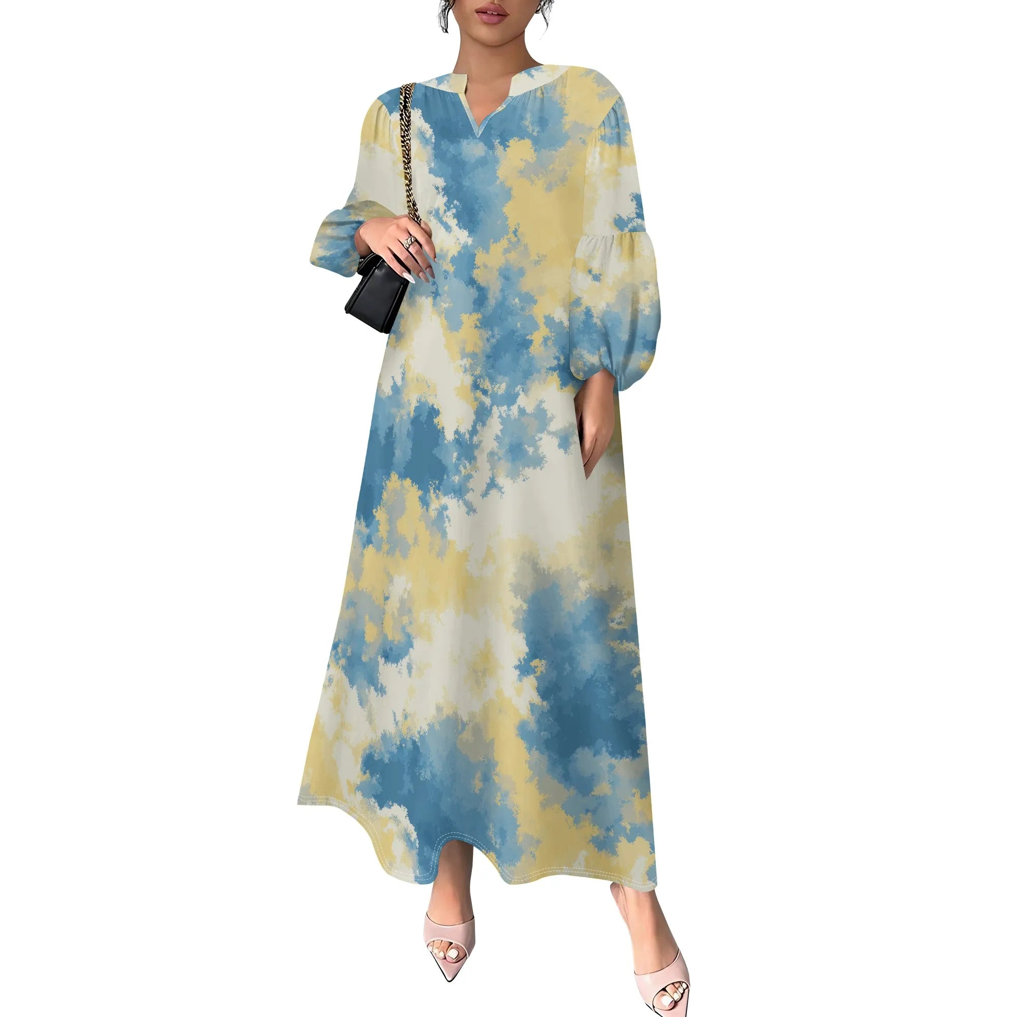Women's Summer Boho Floral Long Sleeve V-Neck Midi Dress Casual Loose Colorful Beach Vacation Dress with Pockets