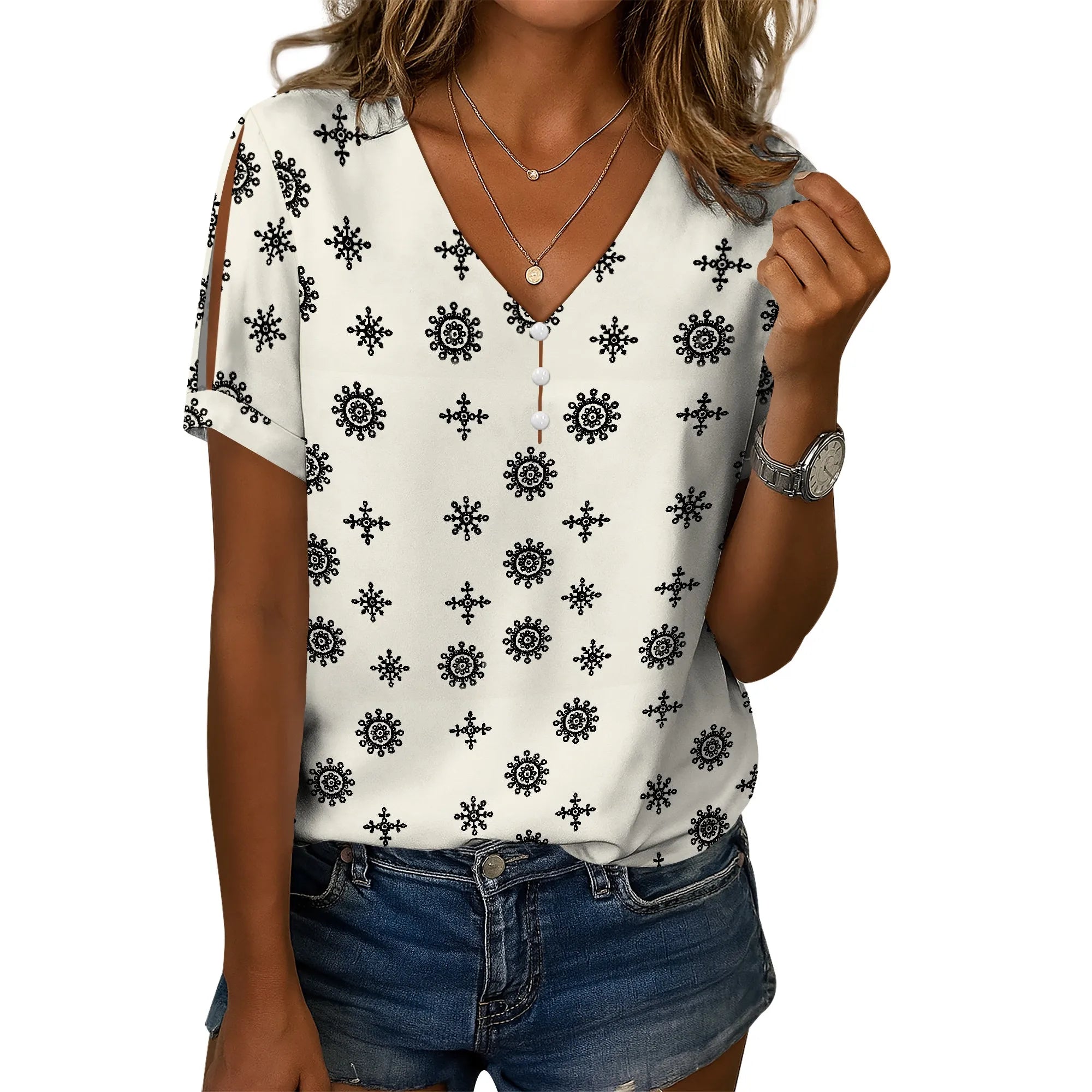 Cold Shoulder Casual Tops for Women Button Boho Floral Printed V-Neck Vintage Short Sleeve Summer T Shirts