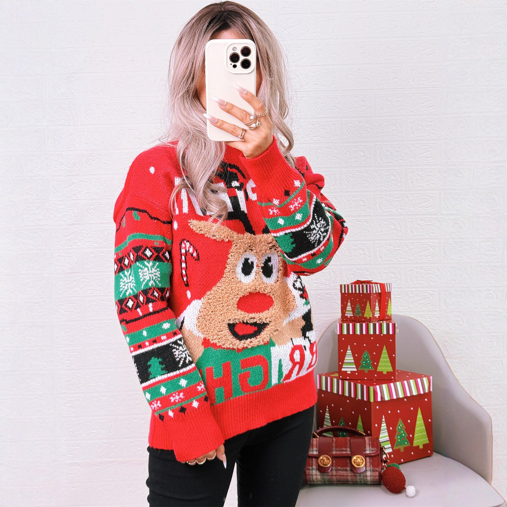 Cartoon Deer Knitted Sweater Round Neck Color Contrast Warm Loose Women's Sweater