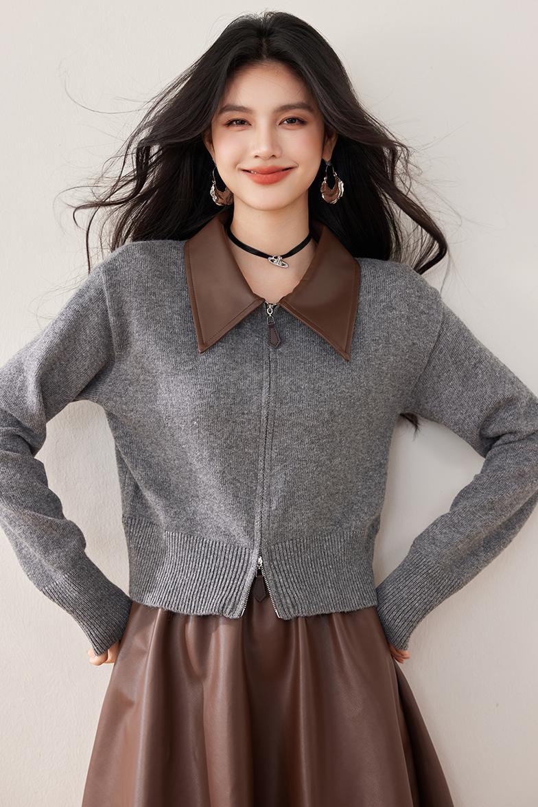 Knitted Cardigan with Polo Neck, Retro Loose Fit, Patchwork Design, Women's Outerwear