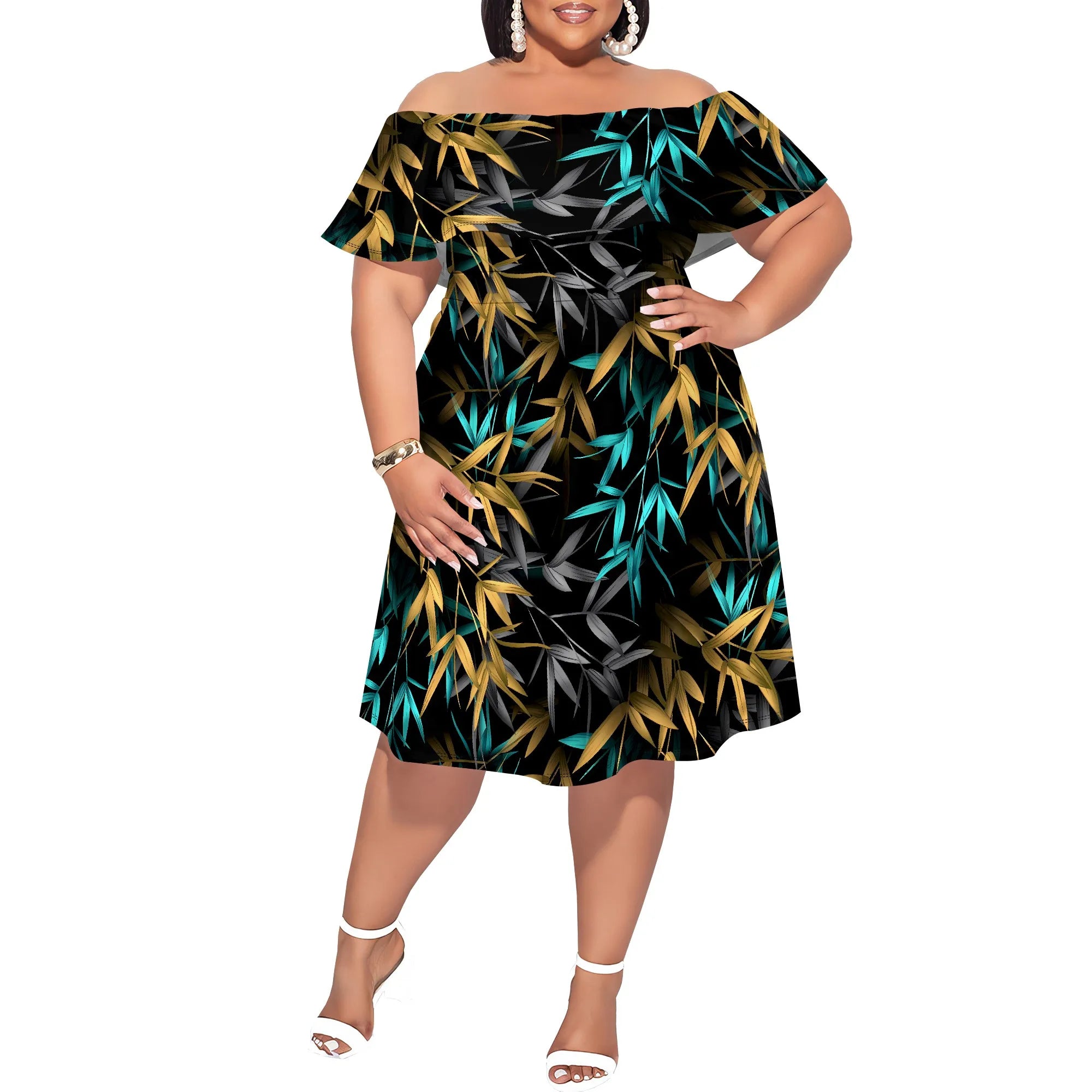 Plus Size Off Shoulder Short Sleeve Midi Dress Fireworks Print Black Elegant Casual Summer Vacation Dress for Women