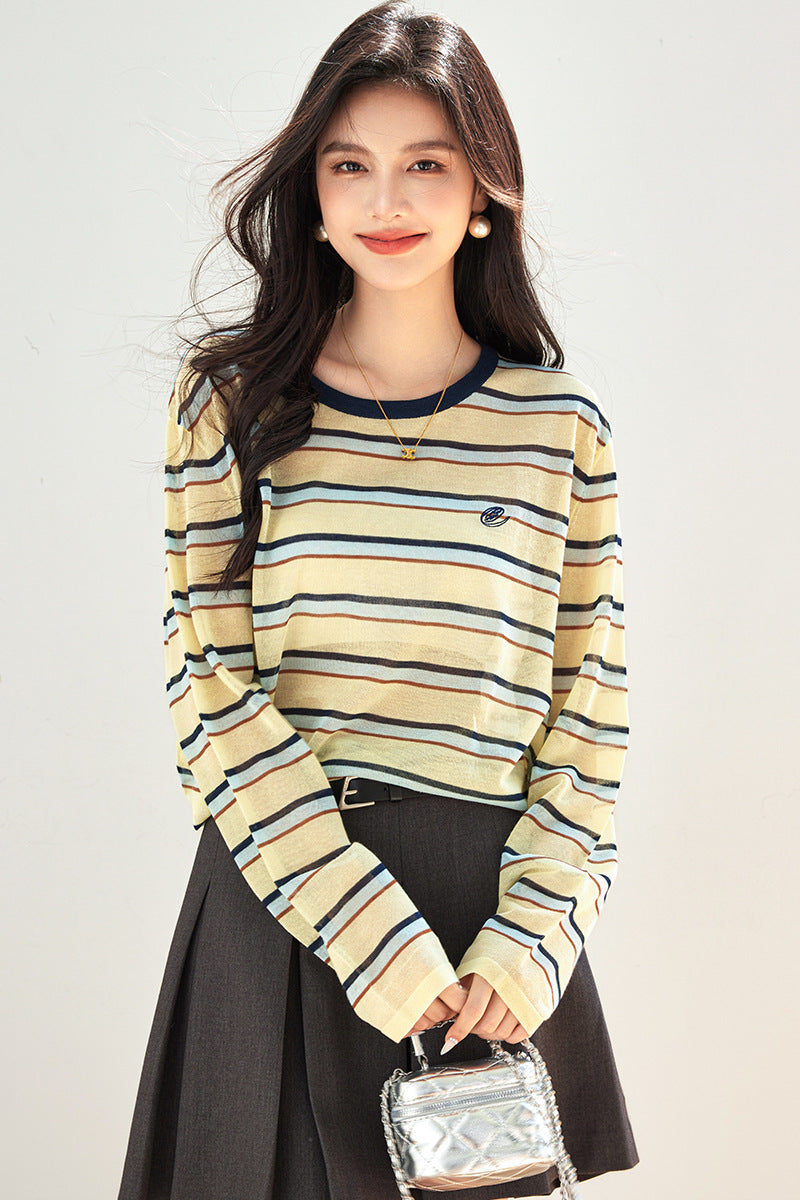 Striped Long Sleeve T-Shirt Ice Silk Sun Protection CardiganAutumn Wear