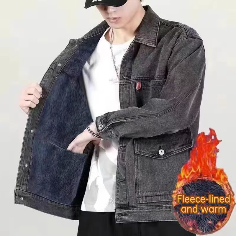 American Style Heavyweight Denim Jacket for Men, Autumn Winter, Warm Lined, Thickened, Loose Fit, Casual Outerwear