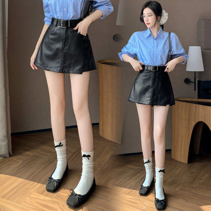 Leather Skirt Pants Women Fashion Casual PU Leather Mini Skirt High Waist A-Line Skirt Pants