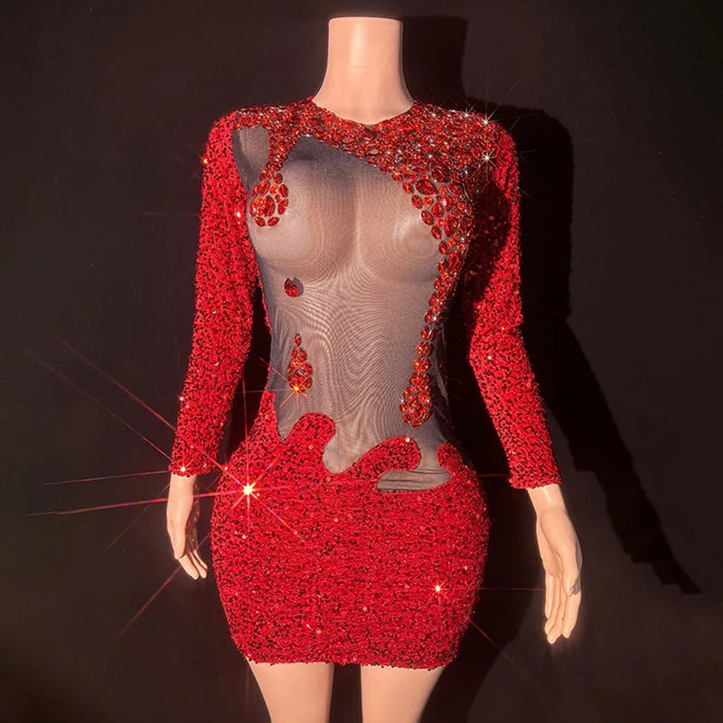 Red Rhinestone Perspective Fashion Sexy Party Dress Bar Nightclub Stage Performance Dress Elegant Party Red Bodycon Sexy Dresses