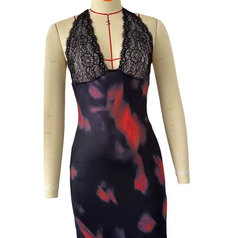 Deep V lace patchwork printed suspender slim fit backless dress for women