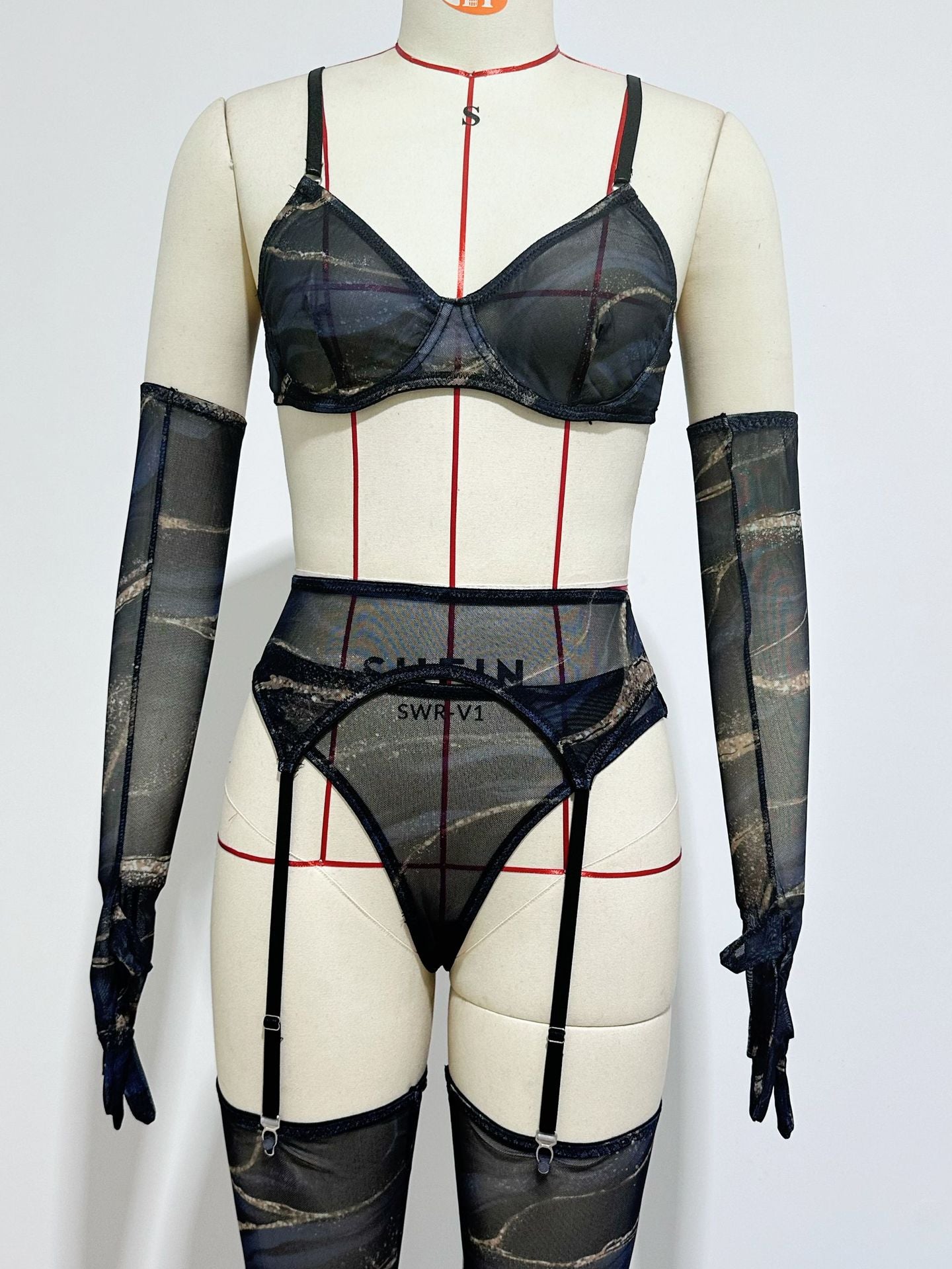 Cross-border  Sexy Underwear Five-piece Set with Gloves, Stockings, Tie-dye Design, Colorful Design, Erotic Underwear Set