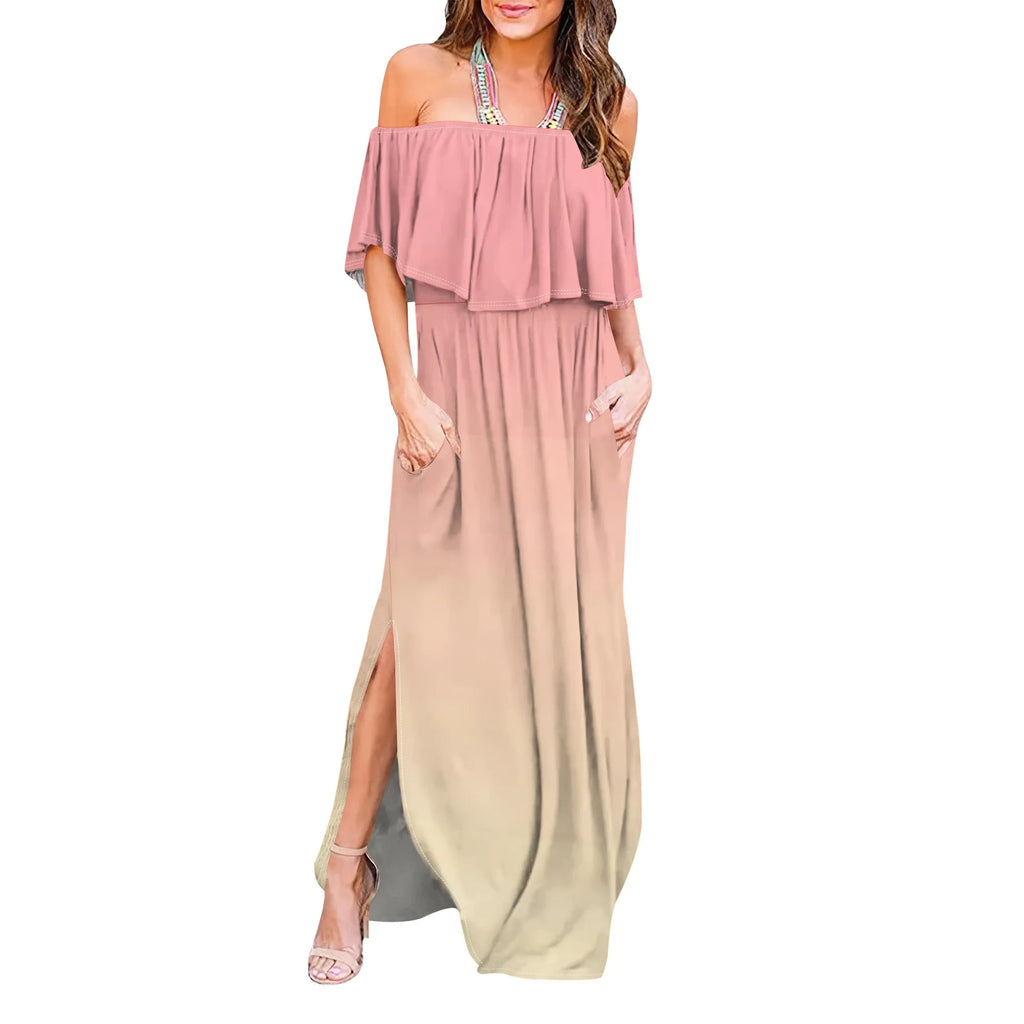 Womens Off The Shoulder Ruffle Party Dresses Side Split Beach Maxi Dress
