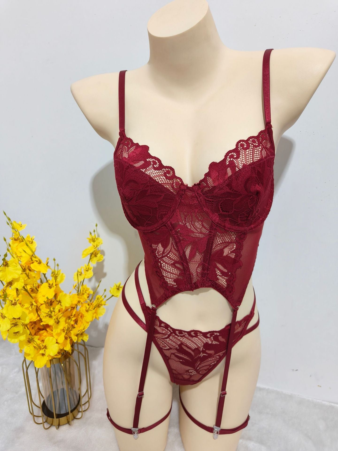 Steel Support Stocking Garter Belt One-Piece  Lingerie Pure Desire Lace Sexy Temptation Thong Set