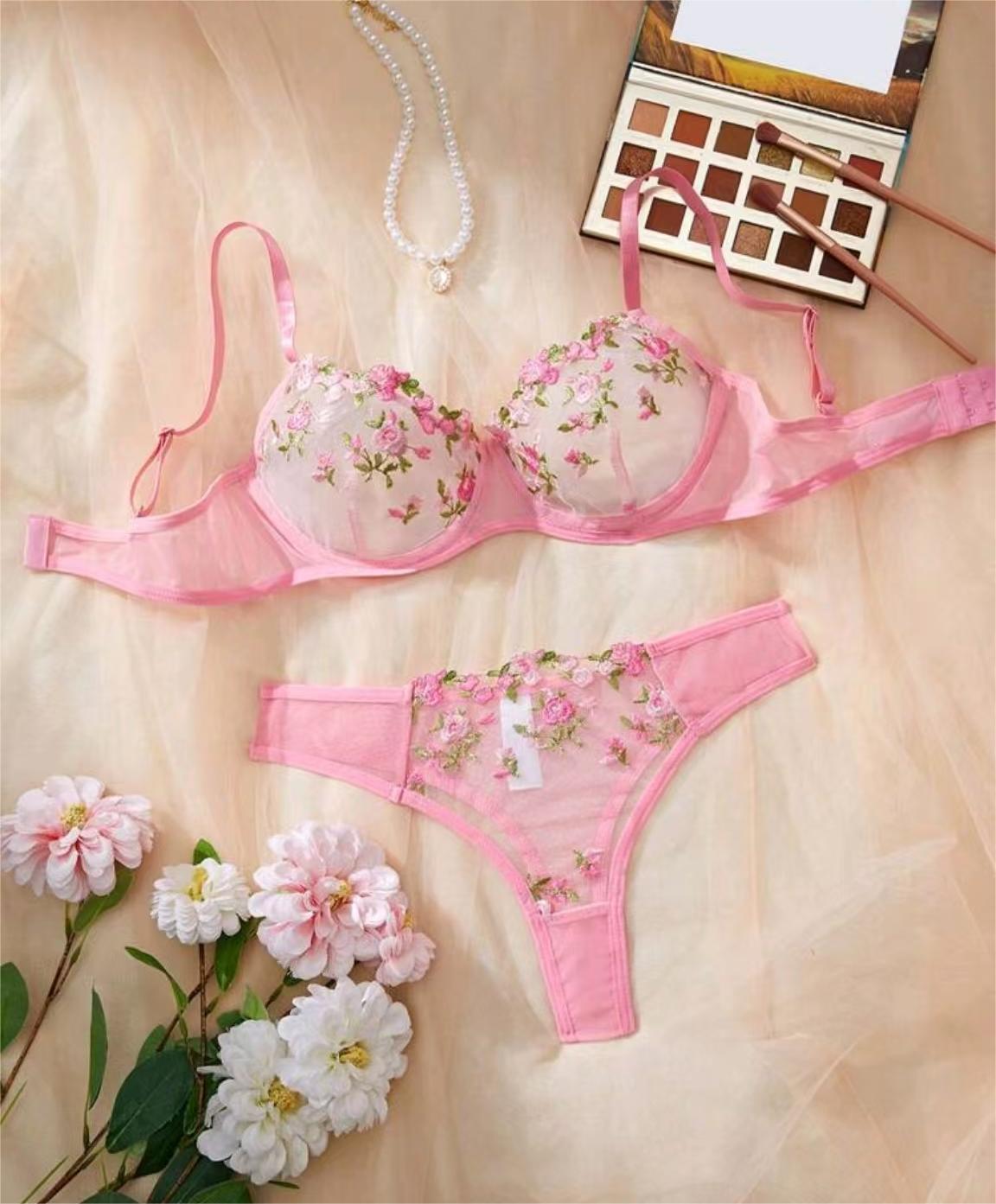 Conjunto de lencería de dos piezas para mujer, sexy, de cintura baja, con bordado floral, de malla transparente