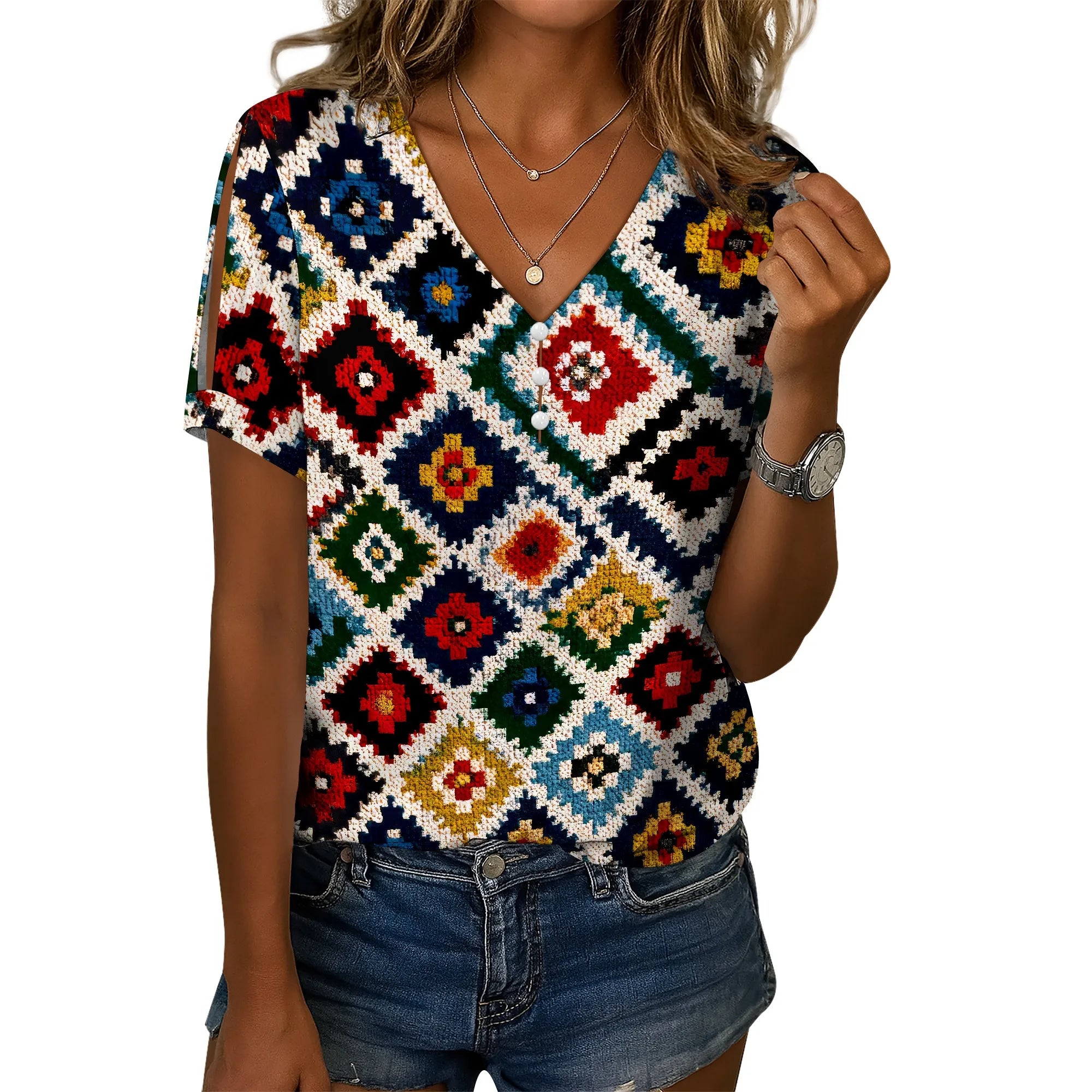 Cold Shoulder Casual Tops for Women Button Boho Floral Printed V-Neck Vintage Short Sleeve Summer T Shirts