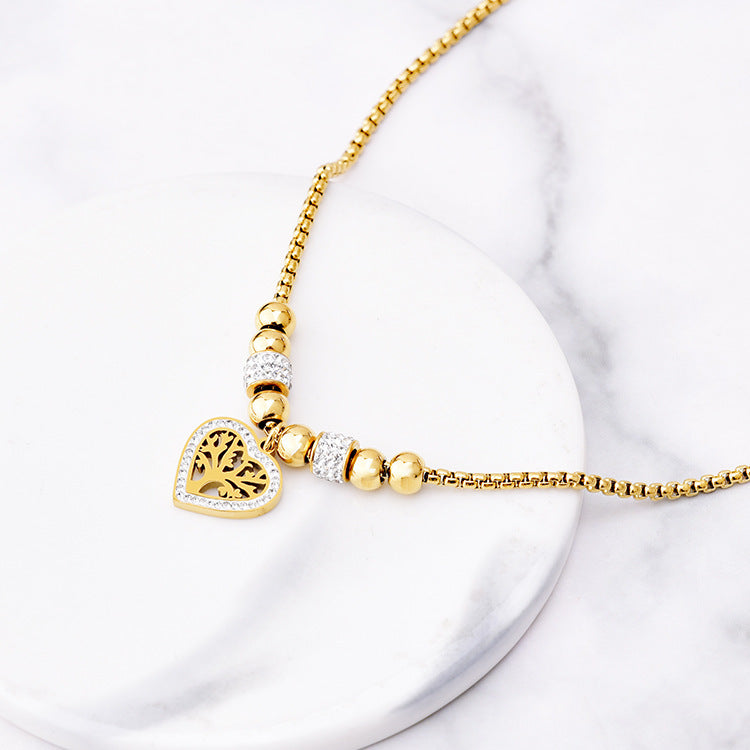 European and American Style Titanium Steel Heart Tree of Life Rhinestone Necklace for Women Simple Love Charm Jewelry