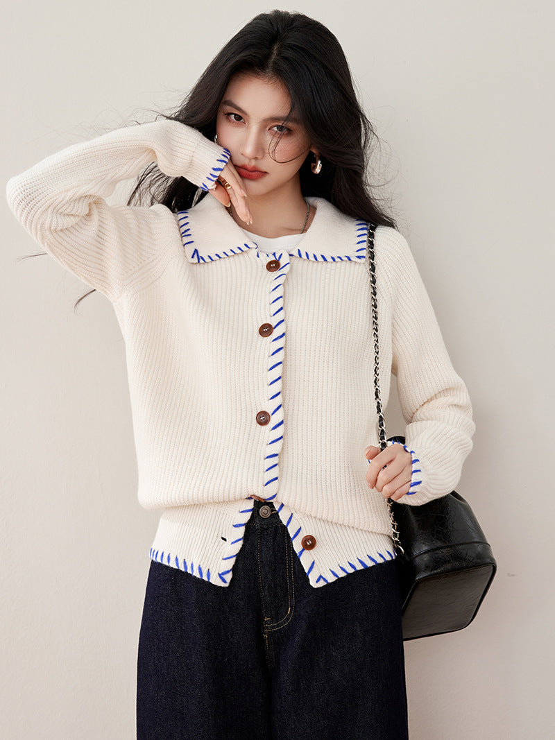 Laziness Style Color-block Loose Slim-fit Turn-down Collar Knit Sweater Coat