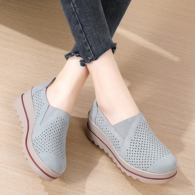 Leather Loafer Women's Single Shoes Platform Heel Shallow Mouth Soft Sole Mother Wedge Rocking Casual Shoes