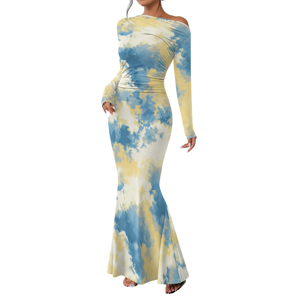 Vestido largo ajustado con cuello redondo y fruncido para mujer, manga larga, corte entallado, elegante, acampanado, para noche, cóctel o fiesta. 