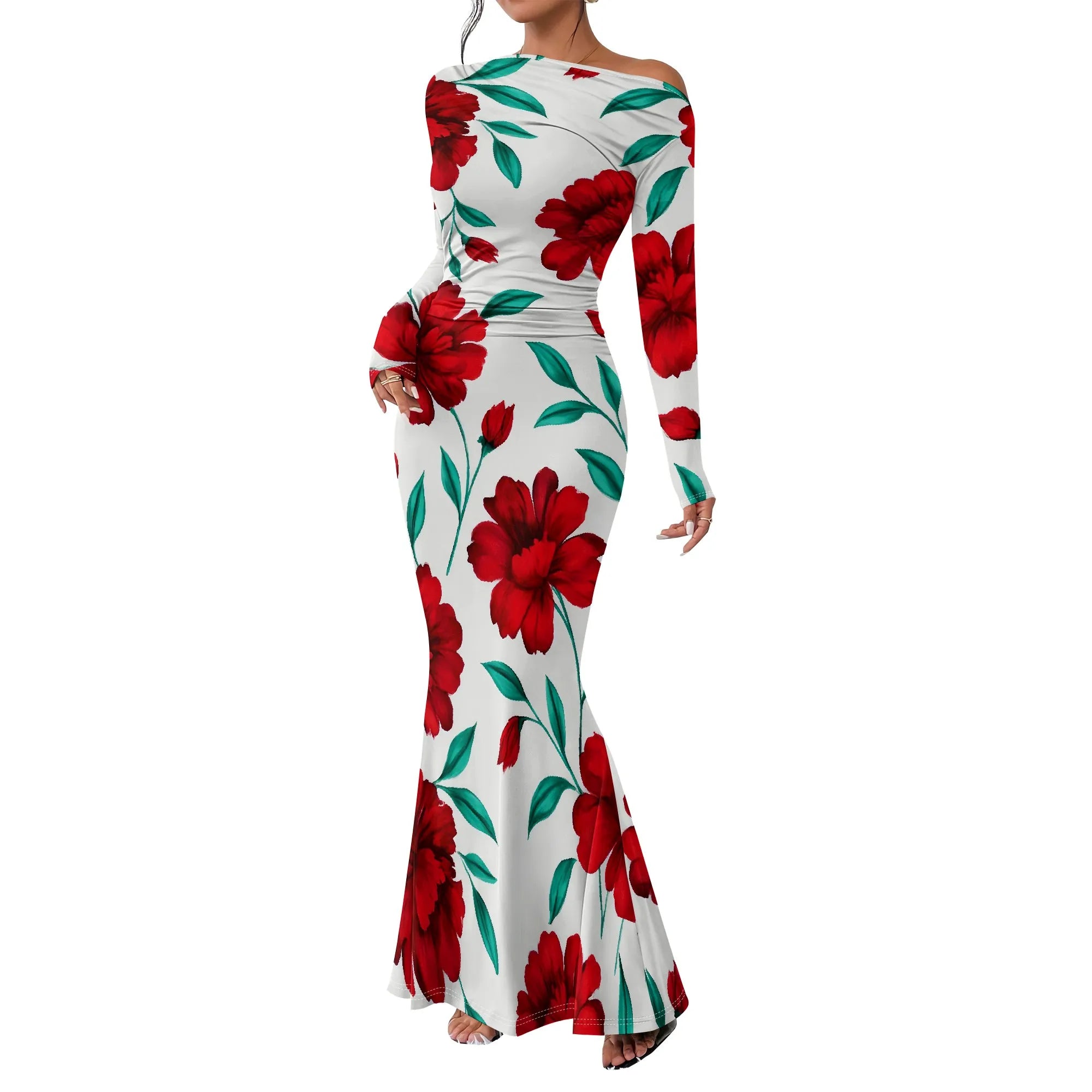 Women's Crew Neck Ruched Bodycon Maxi Dress Long Sleeve Slim Fit Elegant Flared Evening Cocktail Party Dresses