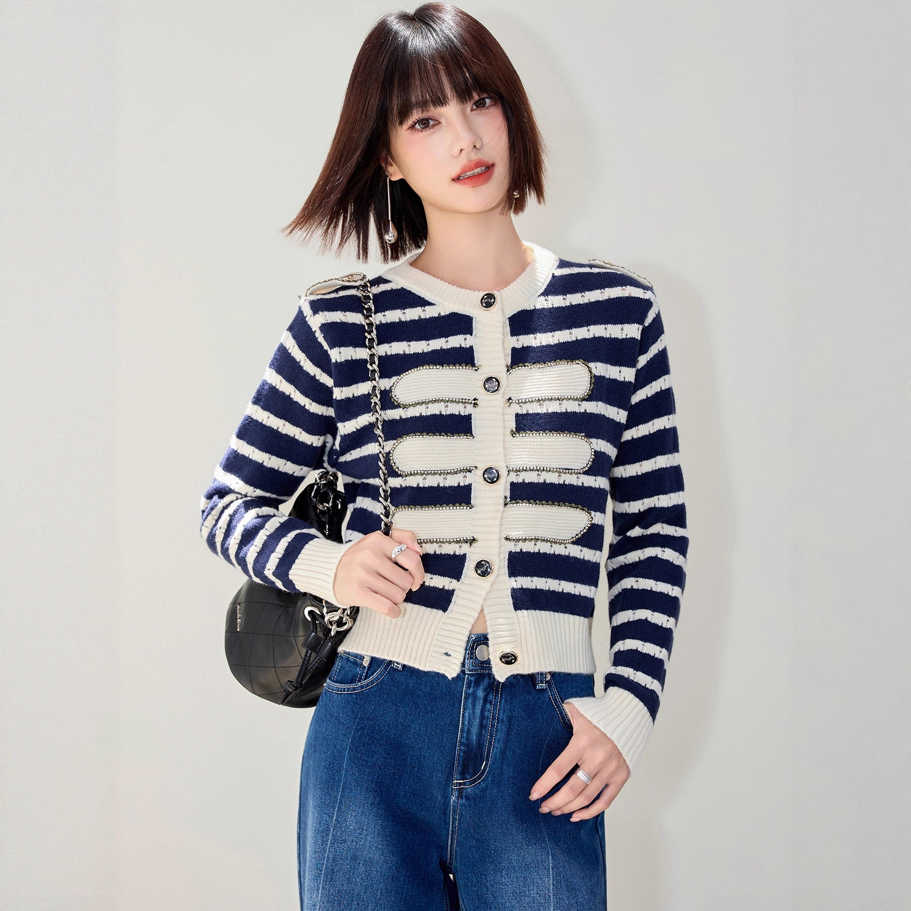 Chic Striped Rhinestone Long Sleeve Knit Cardigan Coat for Women, French Vintage Style, Elegant and Slim-Fitting Top