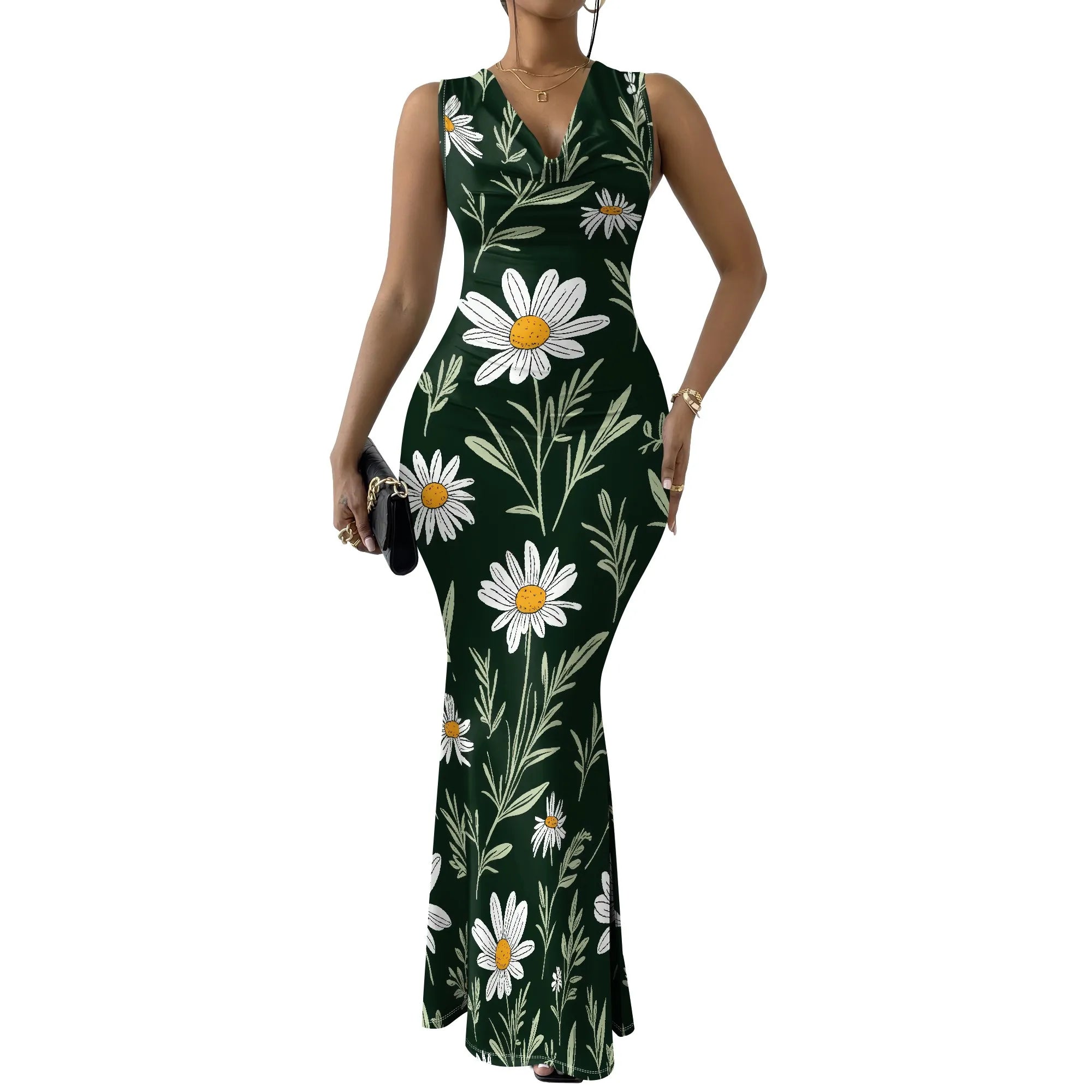Women's Sexy V Neck Sleeveless Fitted Dress Elegant Casual Curve Pencil Skirt Cocktail Floral Print Long Evening Gown