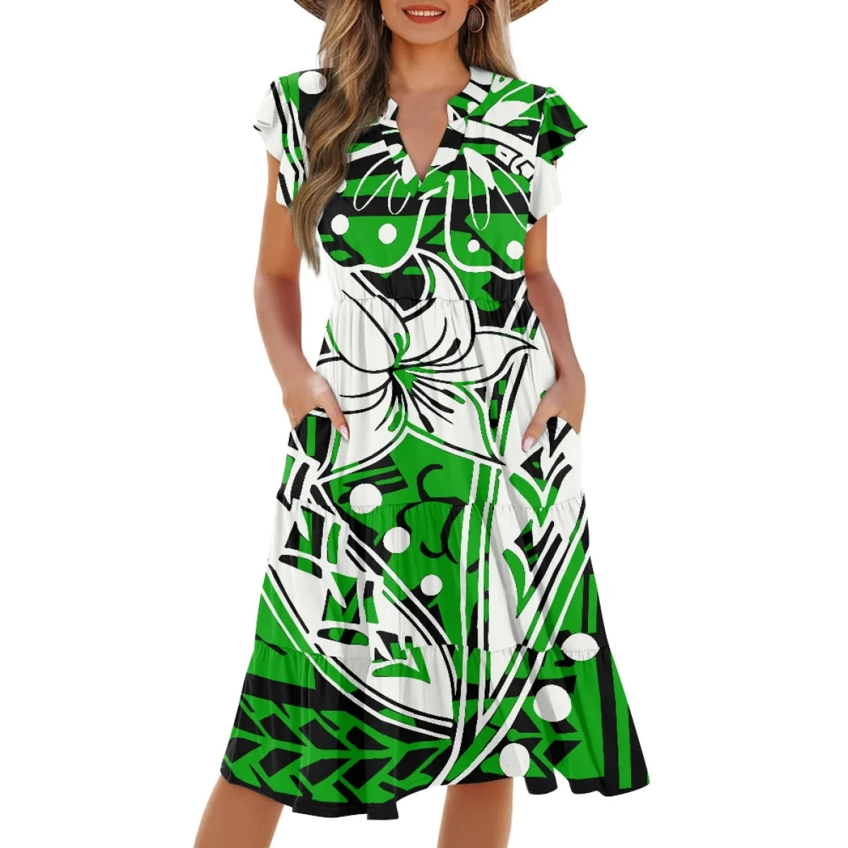 New Arrival Purple Polynesian Tiare Flower Dress Fashion Elegant Hawaiian Women Deep V Neck Pocket Waist Splicing Dress