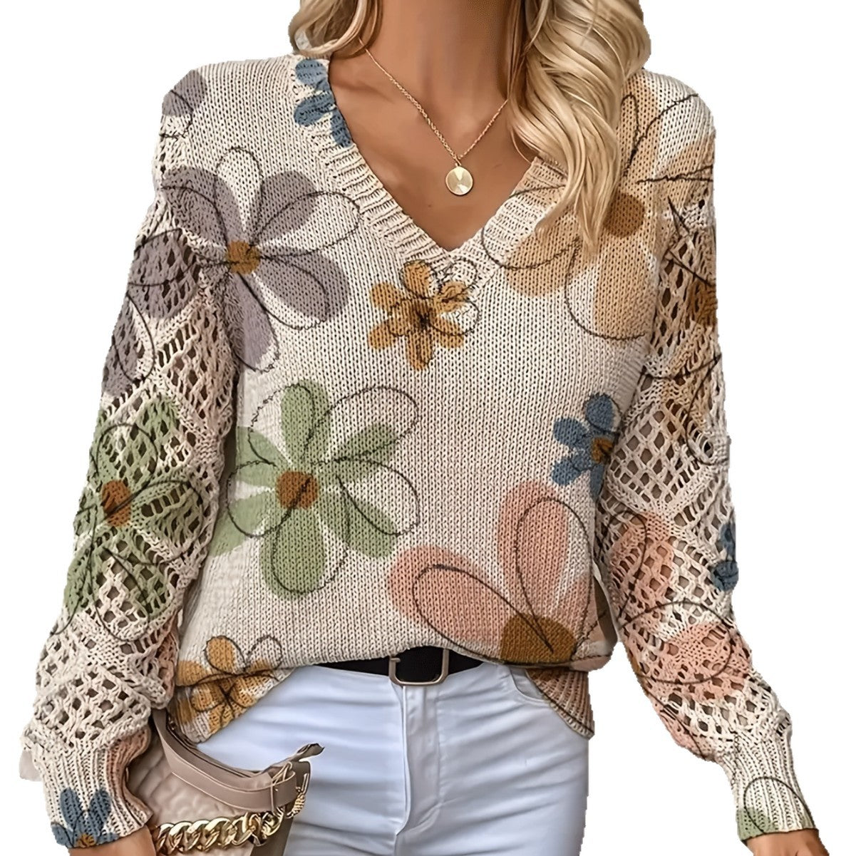 Printed sweater elegant bohemian floral V-neck long sleeved top