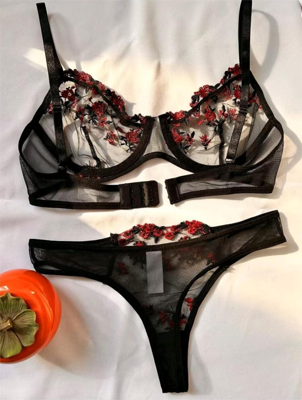 Conjunto de lencería de dos piezas para mujer, sexy, de cintura baja, con bordado floral, de malla transparente