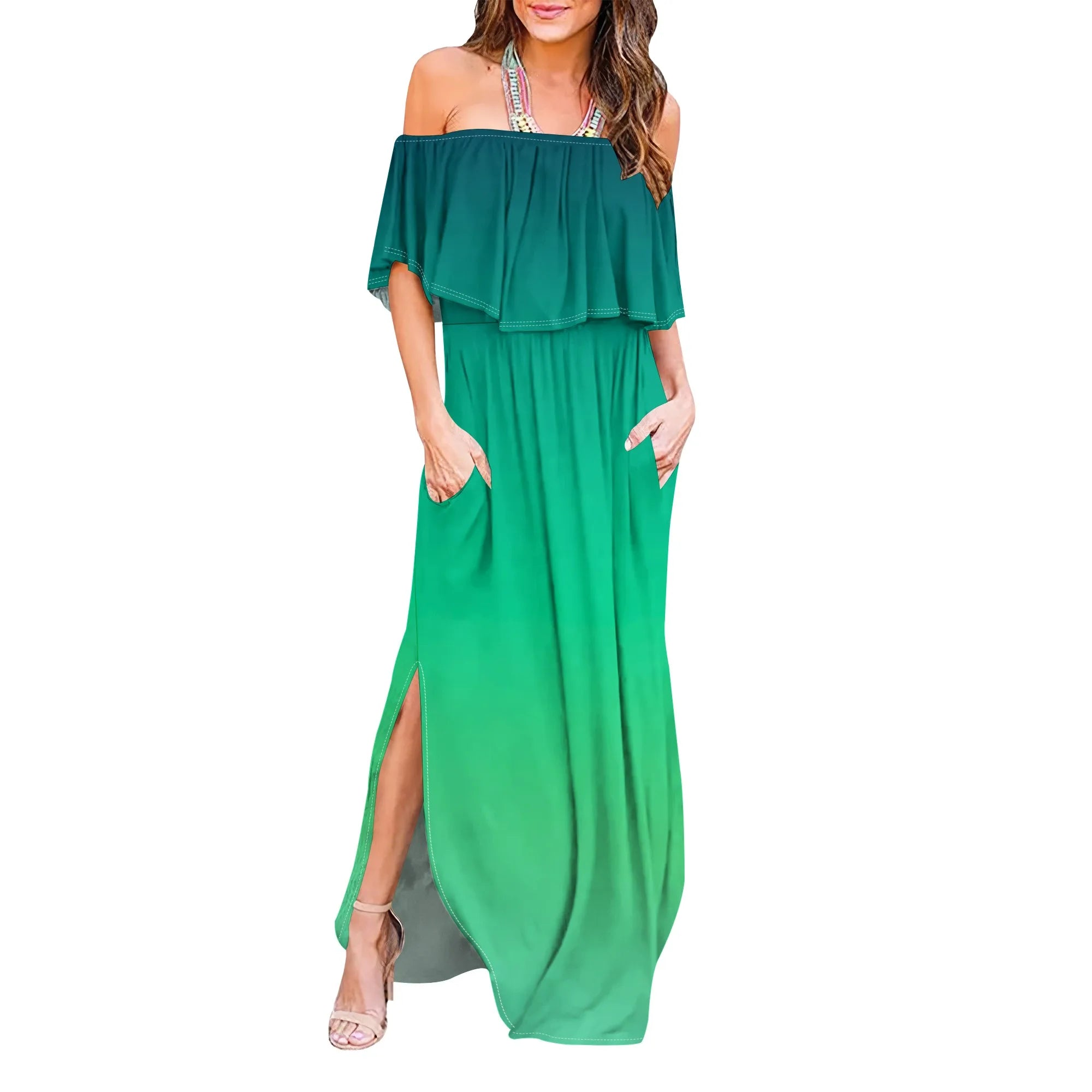 Womens Off The Shoulder Ruffle Party Dresses Side Split Beach Maxi Dress
