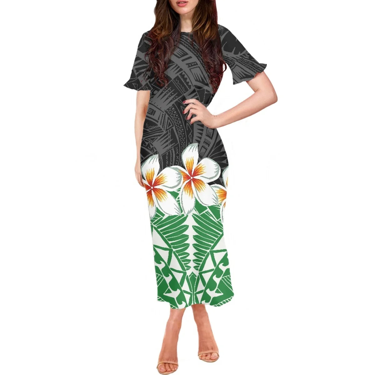 Summer Flowers Polynesian Tiare Monoi Tattoo Dress Hawaiian Style Women's Ruffle Short Sleeve Dress Casual Clothing
