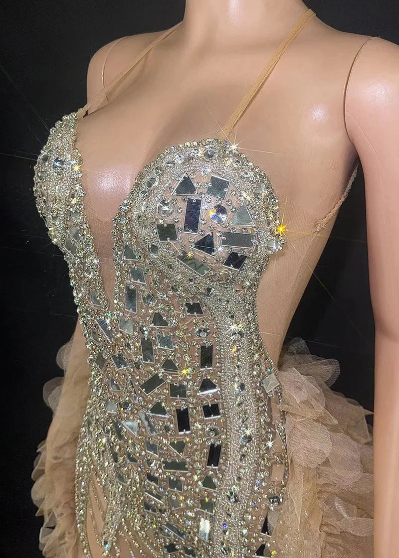 Performance Costume Nightclub Bar Mesh Slim Fit Wedding Master Of Ceremonies Model Walk Show Banquet Party Mini Vestido Sexy Hot