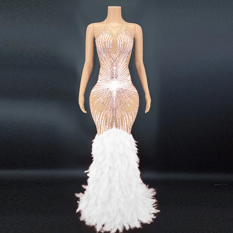 Products Blue Rhinestone Feather Dress Mesh Red Evening Elegant Evening Dresses Luxury Abito Da Cerimonia Donna Birthday Dresses