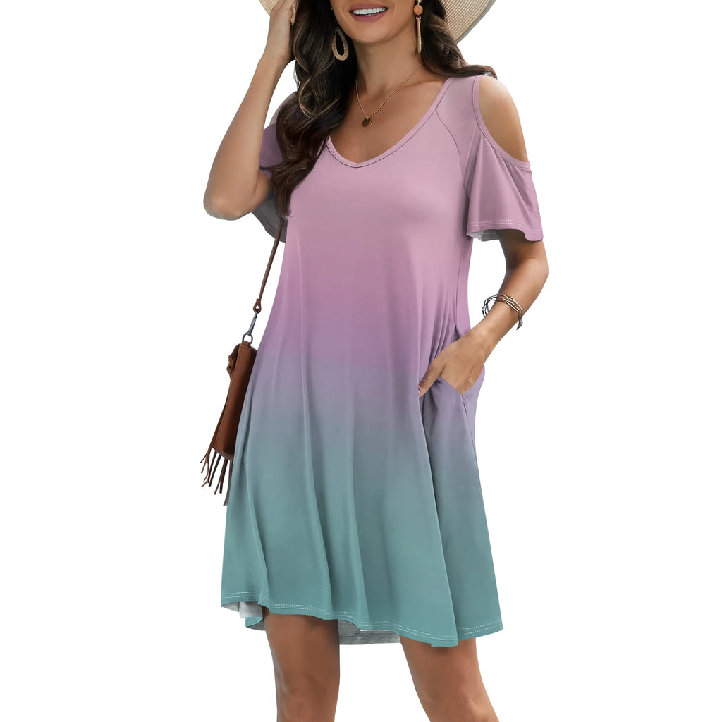 Vestido estilo camiseta de manga corta con hombros descubiertos, escote en V y bolsillos para mujer, talla grande 