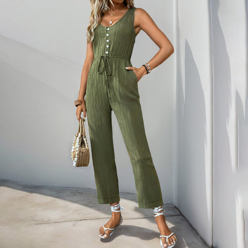 V-neck Sleeveless Jumpsuit With Belt And Pockets Summer Fashion Beach