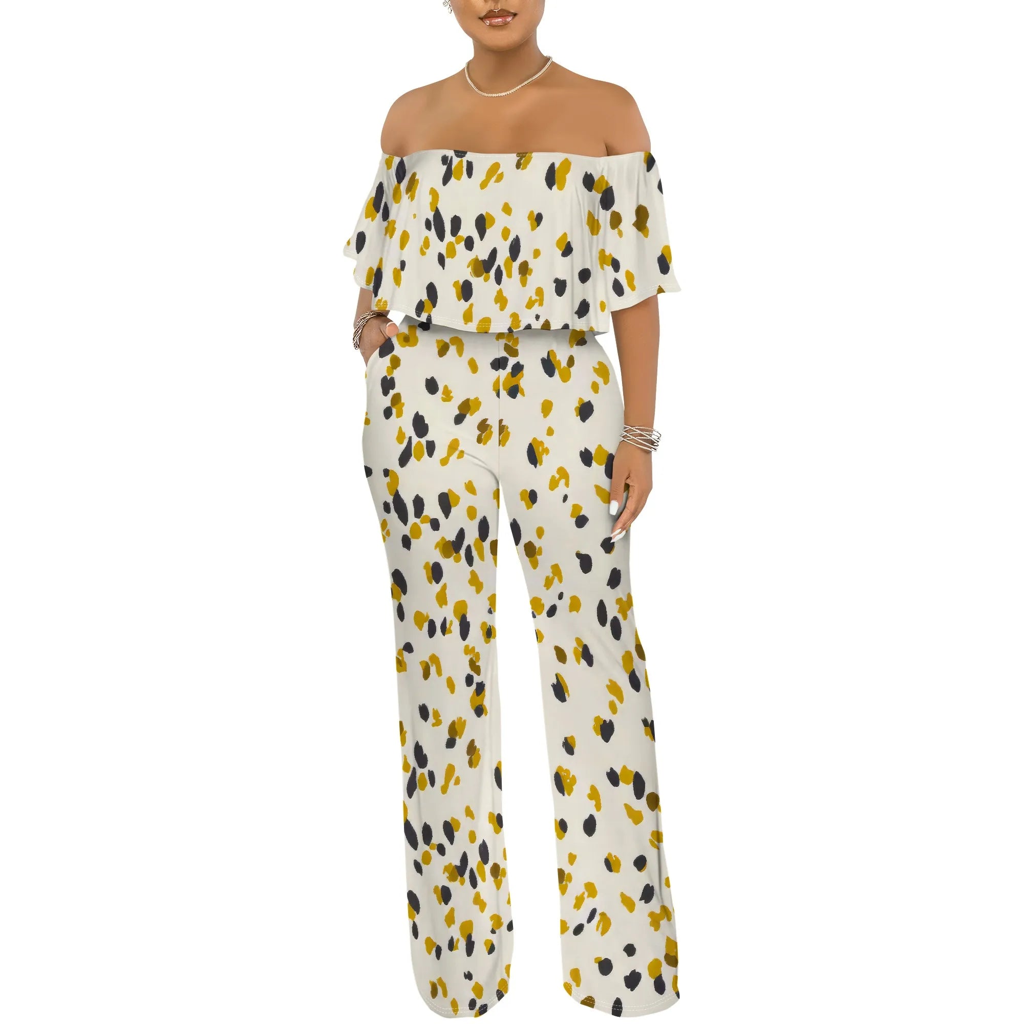 Off Shoulder Tube Top Ruffle Floral Print Jumpsuits for Women Wide Leg Pants Club Party Outfits Jumpsuit with Pockets