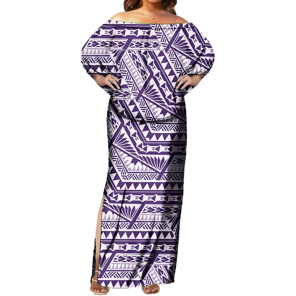 Vestido maxi ajustado con hombros descubiertos, sin mangas, sexy, con diseño tribal de Tapa, estampado floral tropical, moda polinesia. 