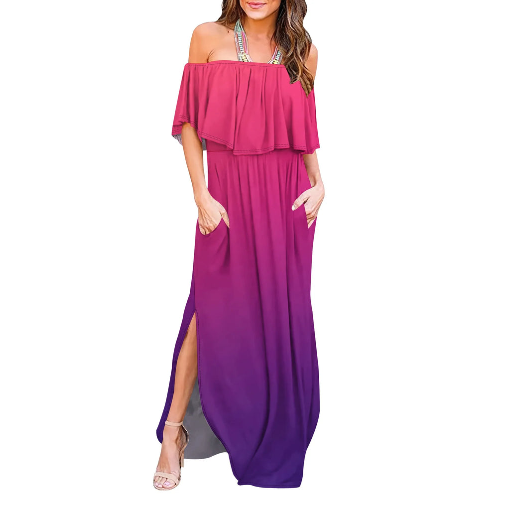 Womens Off The Shoulder Ruffle Party Dresses Side Split Beach Maxi Dress