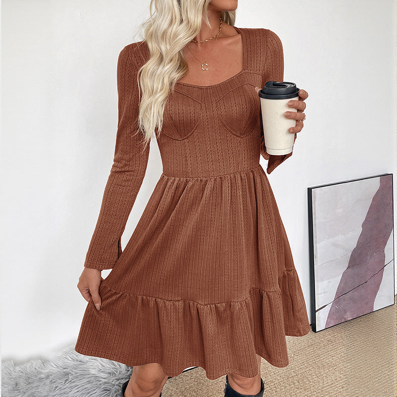 Retro style waist cinching knitted solid color square neck A-line dress