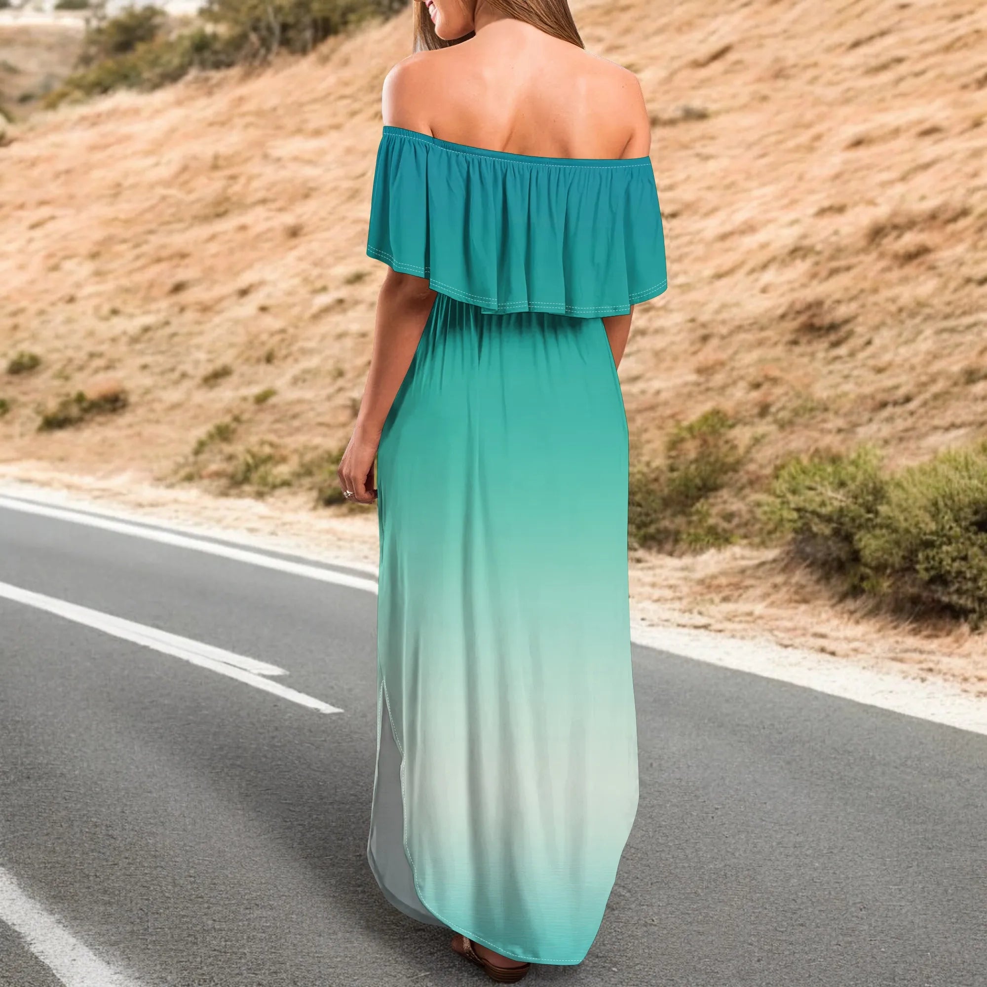 Womens Off The Shoulder Ruffle Party Dresses Side Split Beach Maxi Dress