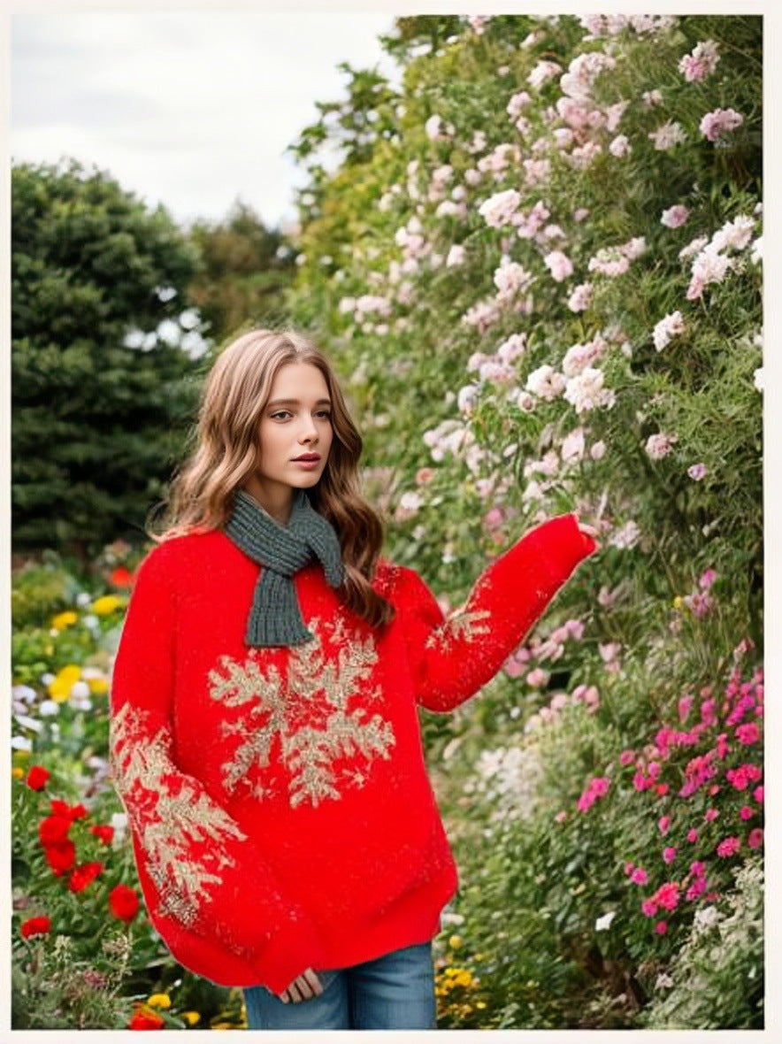 Golden Thread Snowflake Christmas Sweater Round Neck Long Sleeve Hoodie for Women