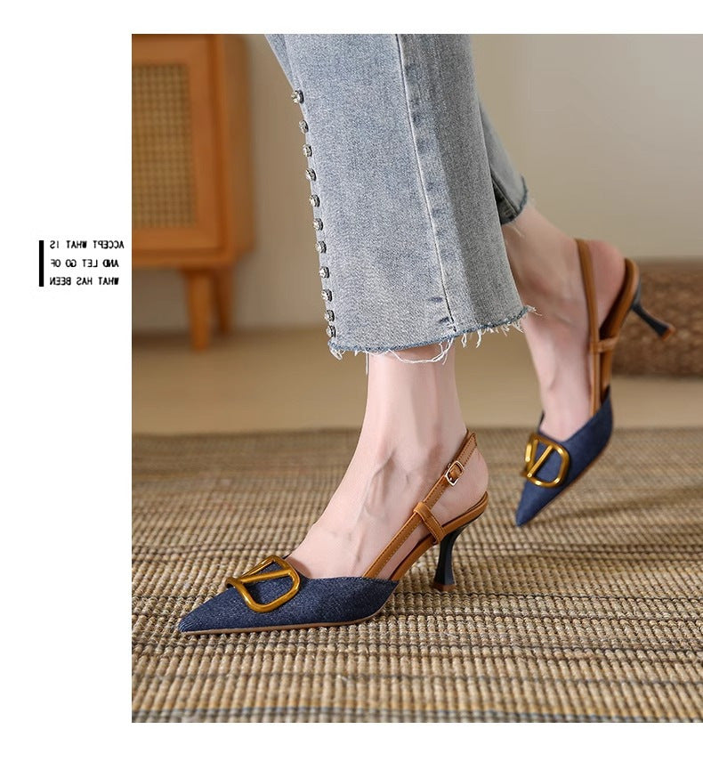 French Shallow Mouth Pointed Toe Stiletto Women's Denim High Heel Sandals Summer Breathable and Leg-lengthening