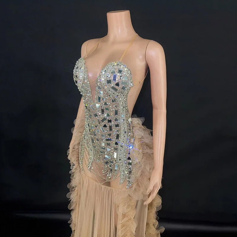 Performance Costume Nightclub Bar Mesh Slim Fit Wedding Master Of Ceremonies Model Walk Show Banquet Party Mini Vestido Sexy Hot