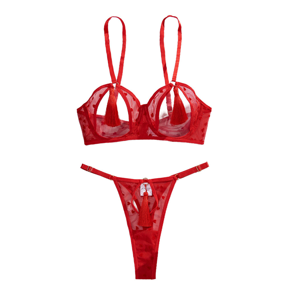 Love perspective mesh sexy tassel fun hollow underwear two-piece set for women